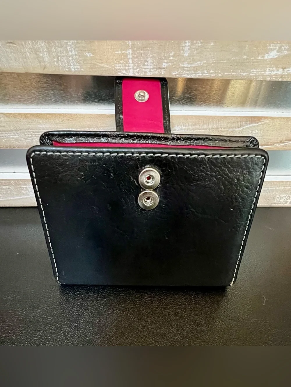 FOSSIL Vintage Black Trifold Leather Wallet with Hot Pink Interior